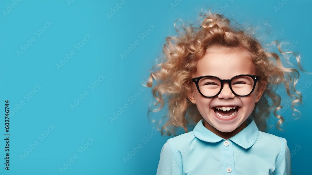 Close-up of a beautiful curly blonde woman wearing glasses and a blue shirt, looking at the camera with a charming smile, posing against a blue concrete wall. Close-up of a beautiful curly blonde woman wearing glasses and a blue shirt, looking at the camera with a charming smile, posing against a blue concrete wall.
