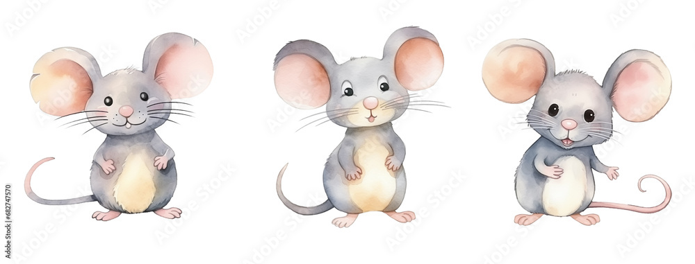 Set of three watercolor cute childish mice isolated on white background.