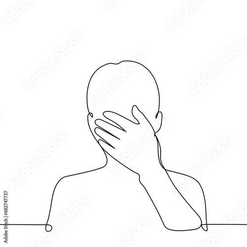 silhouette of a man's portrait with a palm covering his face - one line art vector. concept fatigue, cringe, facepalm, shame