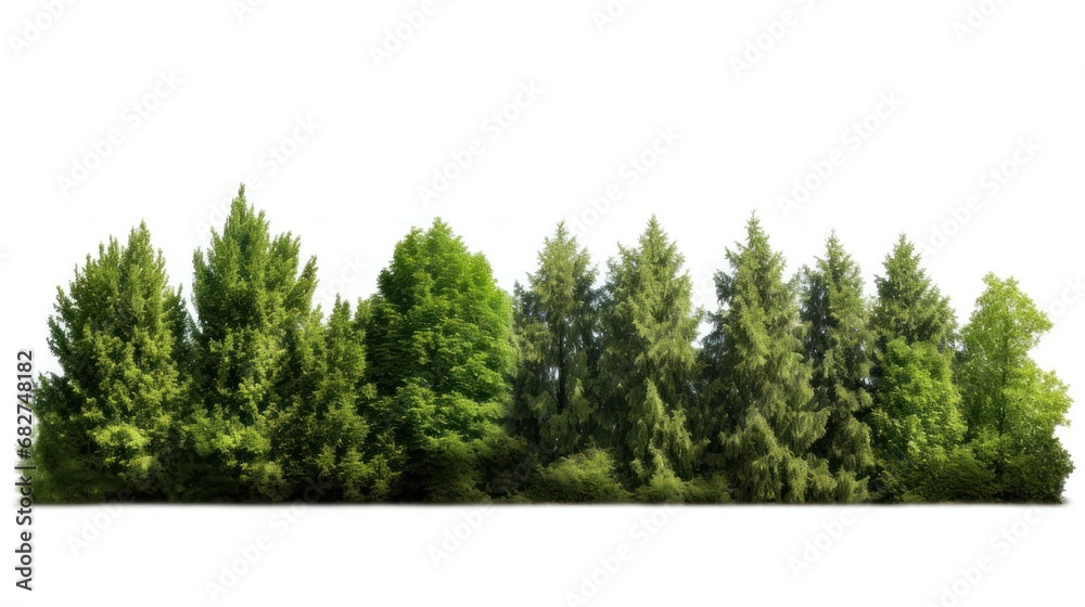 Green trees on a white background, forest and summer foliage, rows of trees and shrubs.