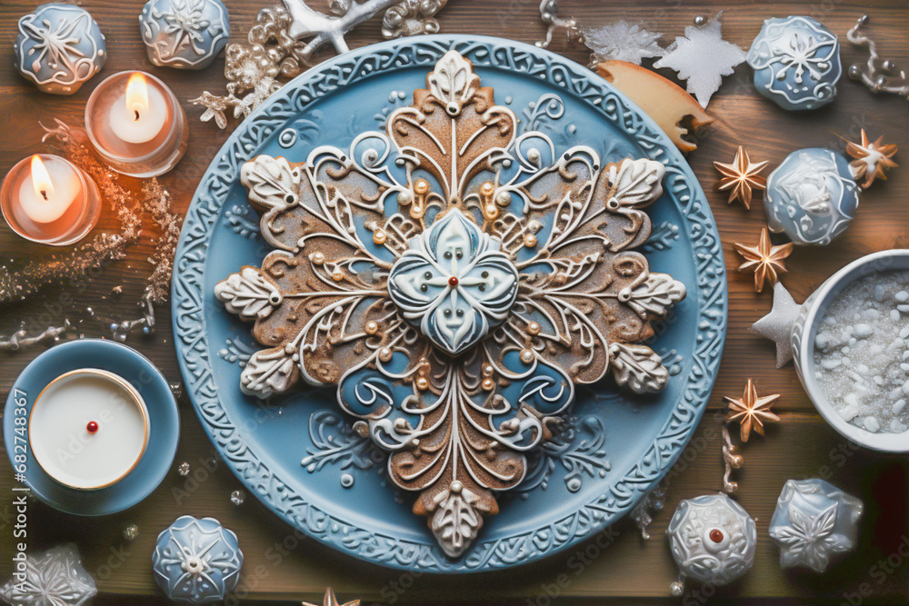 Christmas gingerbread with ginger in the shape of a snowflake