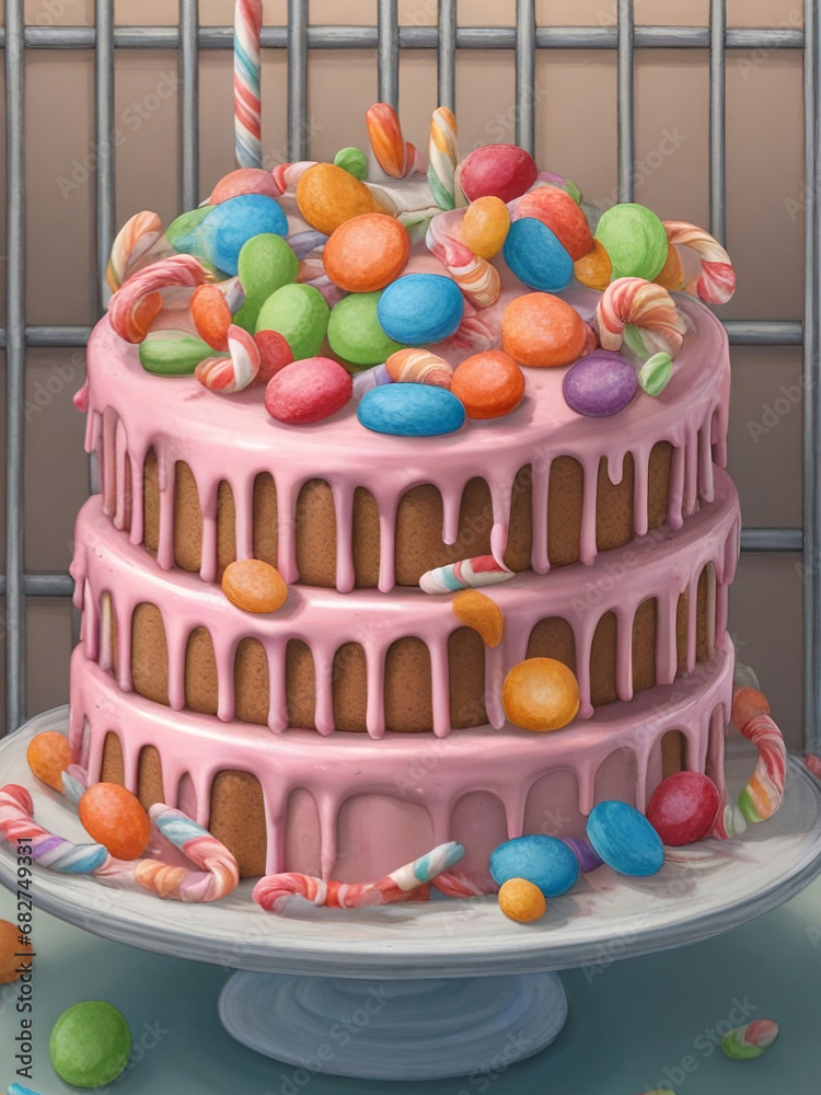 Candy cake in prison.  Sweet egg cake. A fantastic idea for a cake. - obrazy, fototapety, plakaty 