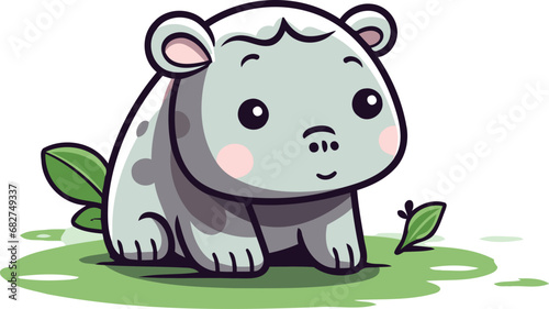 Cute cartoon hippo sitting on the grass vector illustration