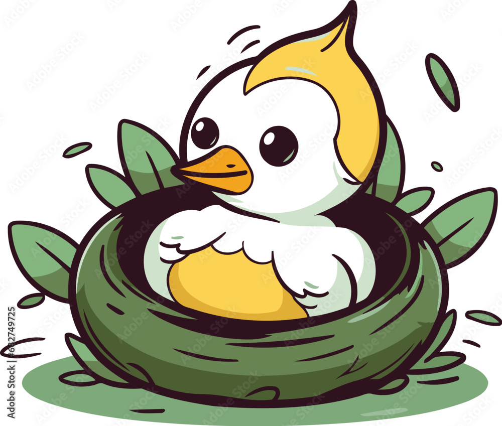 Cute baby duckling sitting in a nest vector illustration