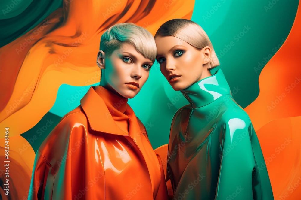 Two women pose in fashion stylish clothing. Extravagant female models wearing orange and green outfits. Generate ai Two women pose in fashion stylish clothing. Extravagant female models wearing orange and green outfits. Generate ai