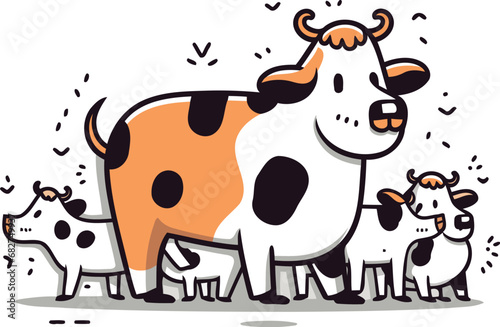 Cute cartoon cow with a herd of cows vector illustration
