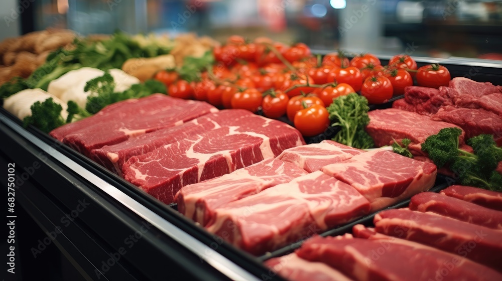 Red raw meat in meat supermarket, Beef, Pork, Diet food. Red raw meat in meat supermarket, Beef, Pork, Diet food.