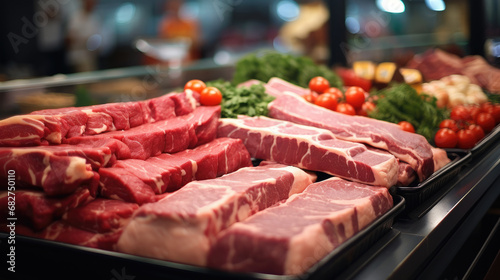 Red raw meat in meat supermarket, Beef, Pork, Diet food.
