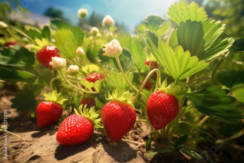 strawberry grow in the orchard garden in sunny day.