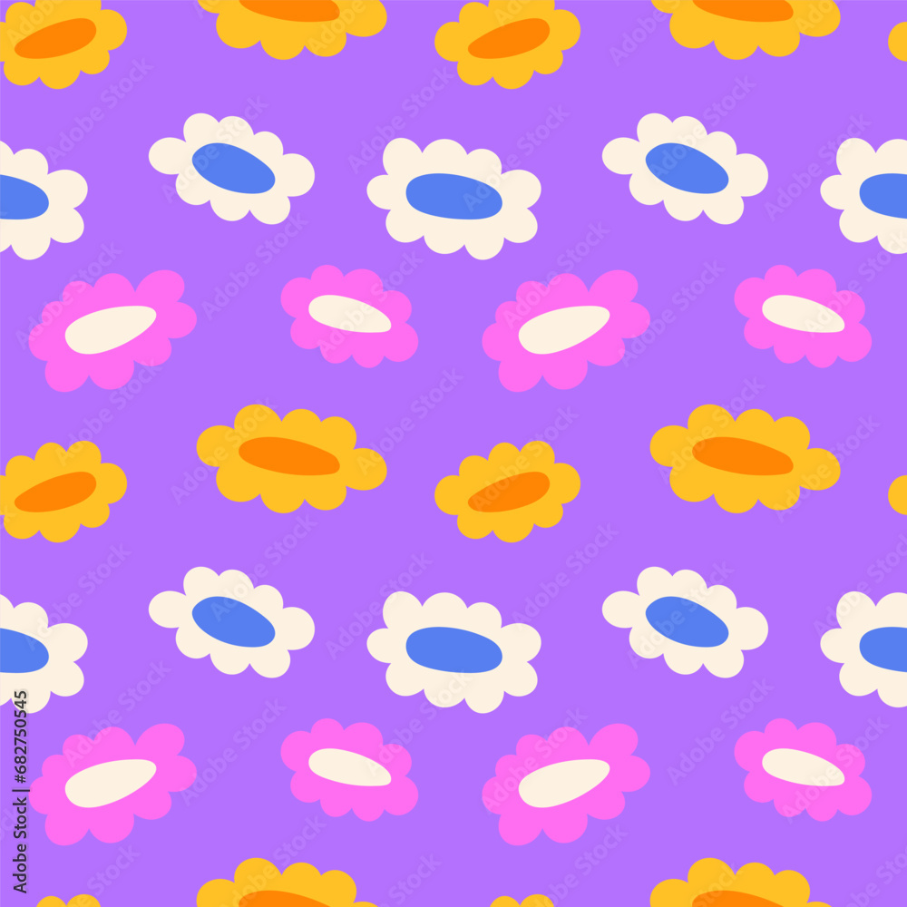 Colorful cartoon style background. Playful groovy abstract flowers illustration. Simple hand drawn seamless pattern Colorful cartoon style background. Playful groovy abstract flowers illustration. Simple hand drawn seamless pattern