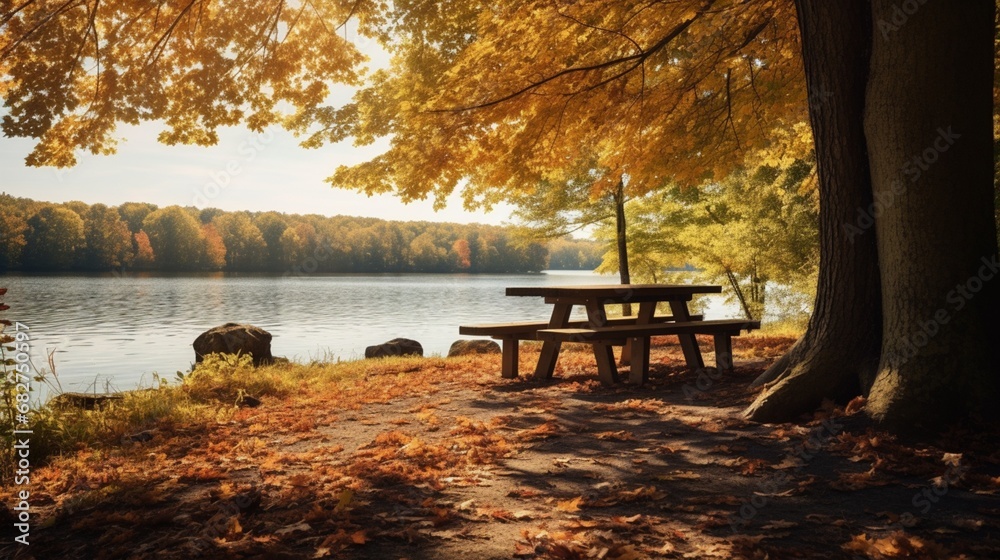 Picnic Table Next to a Calm Lake, Trees Cloaked in Golden Foliage