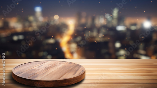 Round platform on wooden table with city night view in the background, for product display photo