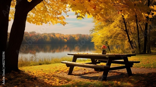 Picnic Table Beside a Tranquil Lake, Trees Adorned with Golden Leaves
