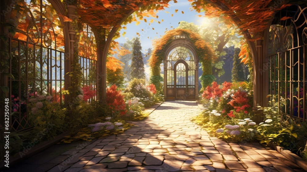 Scenic Passage: Gazebo-Enhanced Path to a Metal Door in a Sunlight Garden