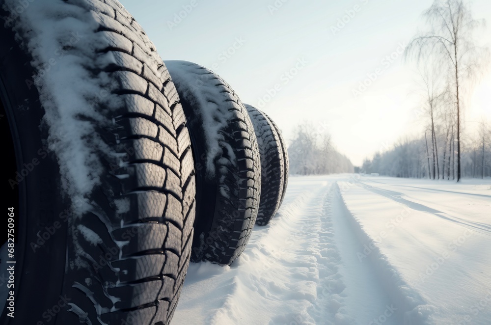 Winter vehicle tires on the frosty road. Rubbery wheels for safe wintertime driving. Generate ai