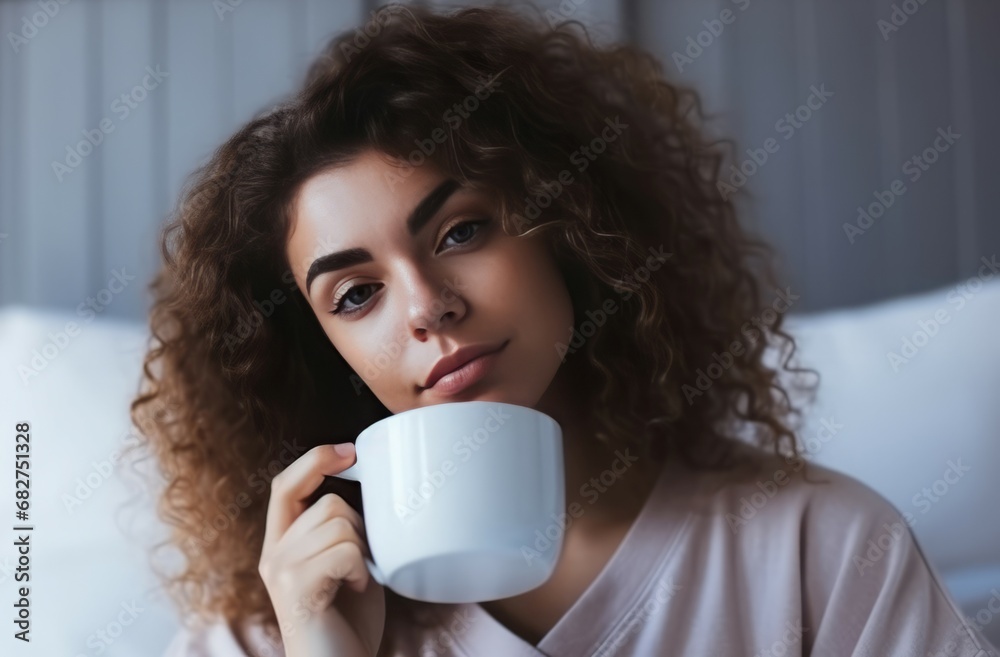 Woman with curly hair drinking aromatic coffee mug. Beautiful lady holding white beverage cup. Generate ai Woman with curly hair drinking aromatic coffee mug. Beautiful lady holding white beverage cup. Generate ai
