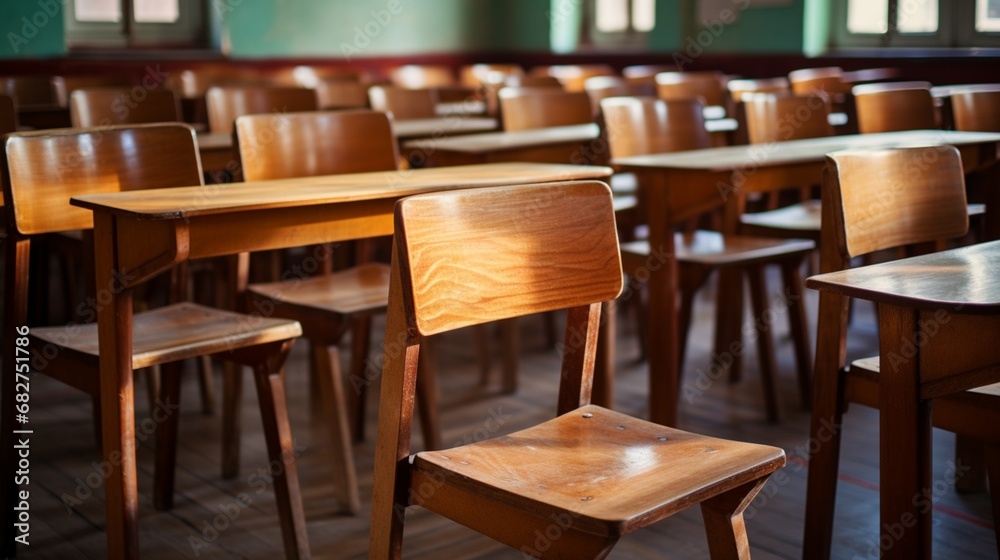 The polished wooden chairs in the classroom