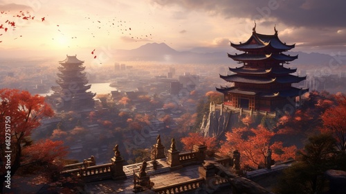 Temple with City Backdrop During the Autumn Sunset
