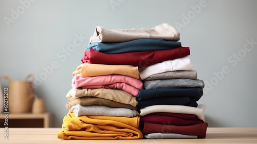 Stack of clean towels on table in laundry room. Space for text