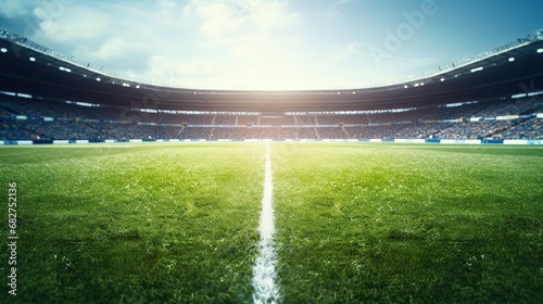 Sport background. Empty grand soccer stadium in the lights of sunset. Dramatic poster. photo