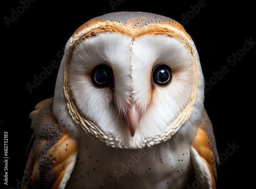 Beautiful closeup portrait of a Barn owl face, macro, face details, beak, white and yellow feathers, sad face © beshoy