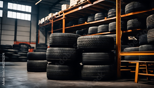 tires stacked in a car repair shop. a pile of tires in a warehouse  © Simo