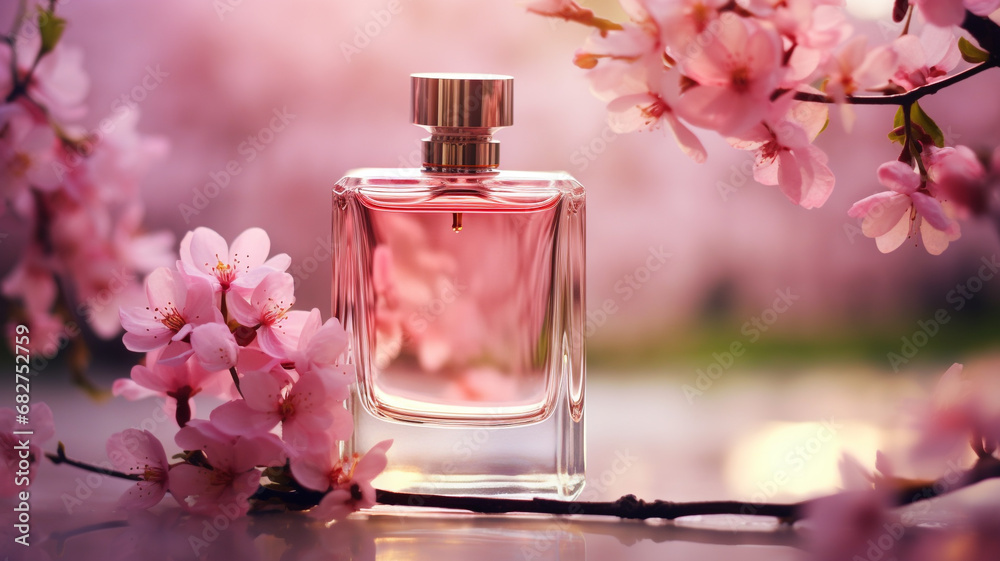 A elegant glass bottle of perfume with essential oil among the pink blossoms A elegant glass bottle of perfume with essential oil among the pink blossoms