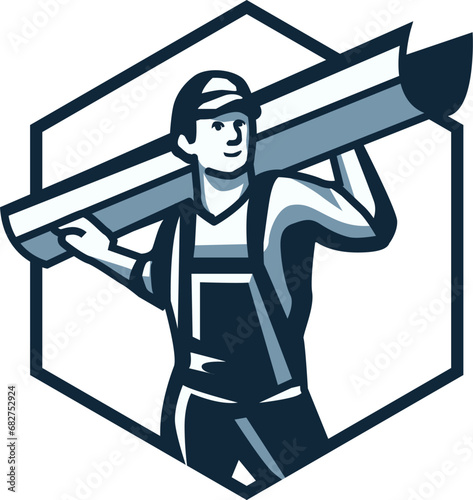 Cartoon style man worker, gutter installer with the gutter piece, isolated on white background.