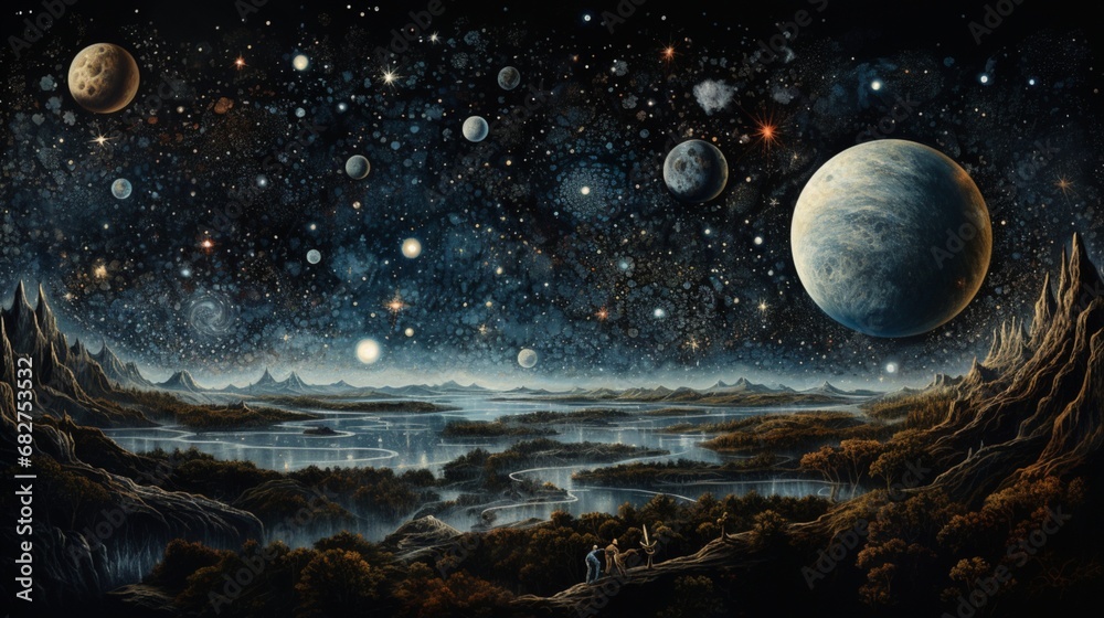 A cosmic world accompanied by its moon, framed by the tapestry of stars