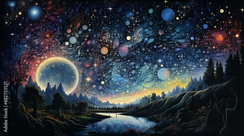 A cosmic world accompanied by its moon, framed by the tapestry of stars