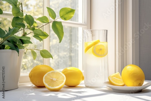Lemonade with yellow lemons on white light kitchen with window photo