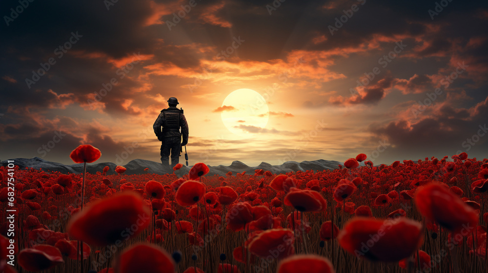 Field of red poppies with soldier silhouette veterans day - obrazy, fototapety, plakaty 