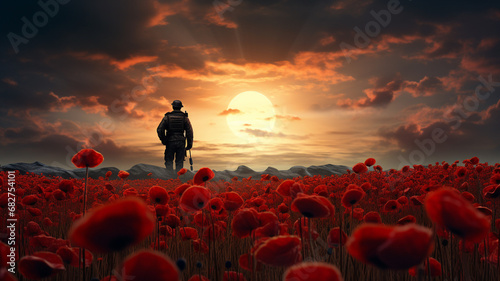 Field of red poppies with soldier silhouette veterans day photo