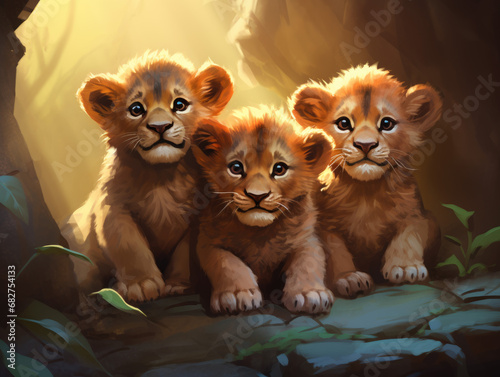 Two lion cubs. Digital art.