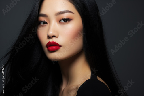 Portrait of a young beautiful Asian woman wearing red lipstick