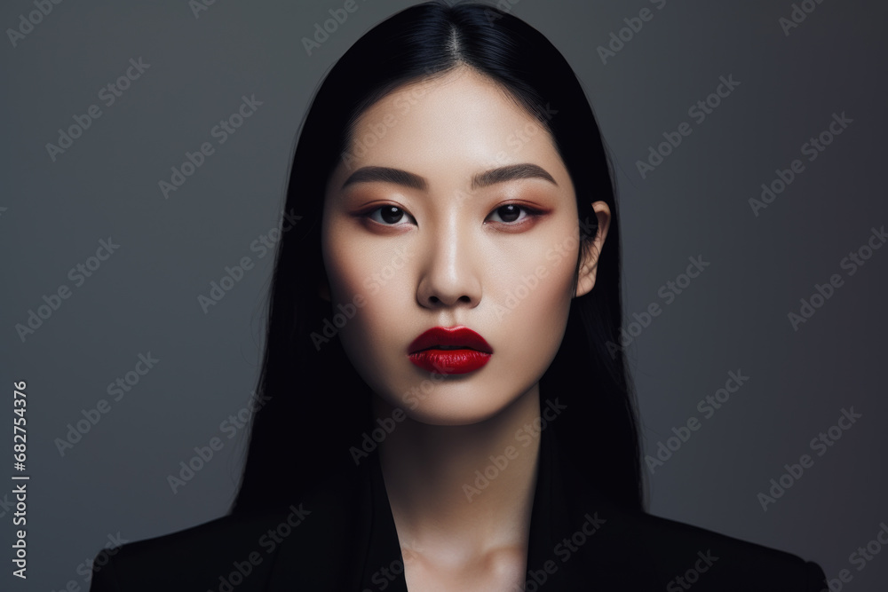 Portrait of a young beautiful Asian woman wearing red lipstick