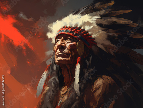 Indian. Native American wearing a feathered headdress. Digital art.