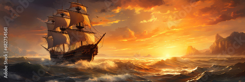 A ship at sea. Panoramic view. Digital art.