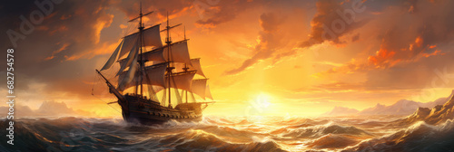 A ship at sea. Panoramic view. Digital art.