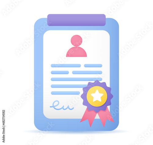 Clipboard document page certificate icon. Form with winner medal. Achievement, award, grant, diploma concept. Vector illustration in Cartoon minimal style