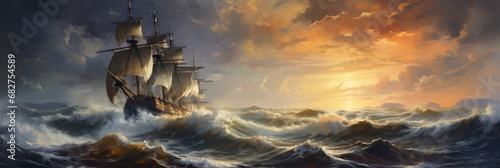 A ship at sea. Panoramic view. Digital art.