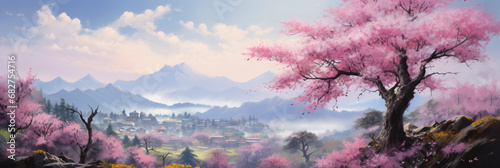 Garden with blooming sakura. Panoramic view. Digital art.