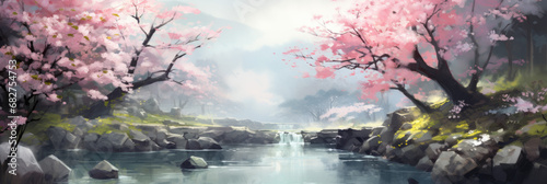 Garden with blooming sakura. Panoramic view. Digital art.