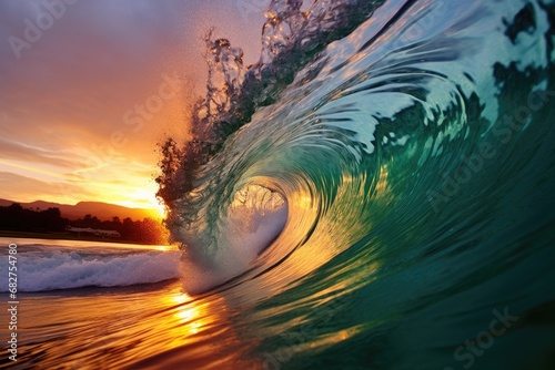 Transparent swirl of turquoise ocean wave on sunset.
