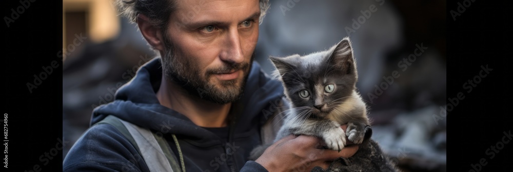 A rescuer holds a kitten rescued from the rubble of destroyed houses after a powerful earthquake, banner
