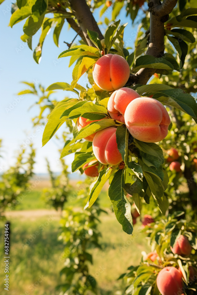 Sun-Kissed Harvest: Ripe Peaches on a Peach Tree in a Sunny Orchard