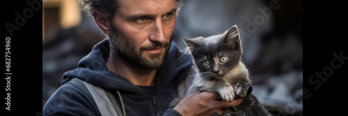 A rescuer holds a kitten rescued from the rubble of destroyed houses after a powerful earthquake, banner