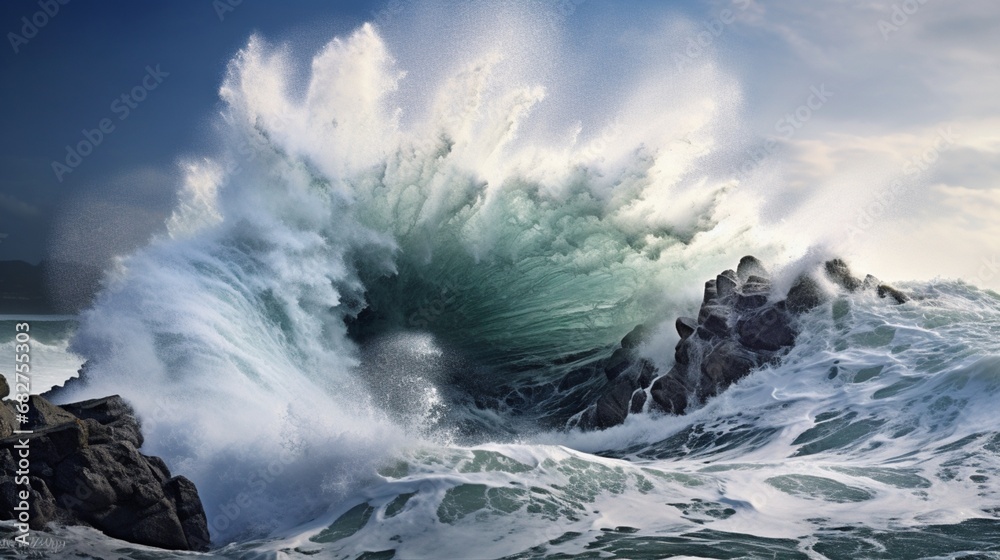 Coastal Impact: Waves Crash Intensely Against the Rocky Outcrop in the Ocean