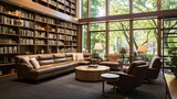 Contemporary Library Space with Comfortable Seating and Bookshelves