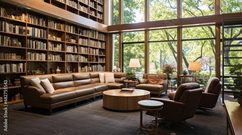 Contemporary Library Space with Comfortable Seating and Bookshelves